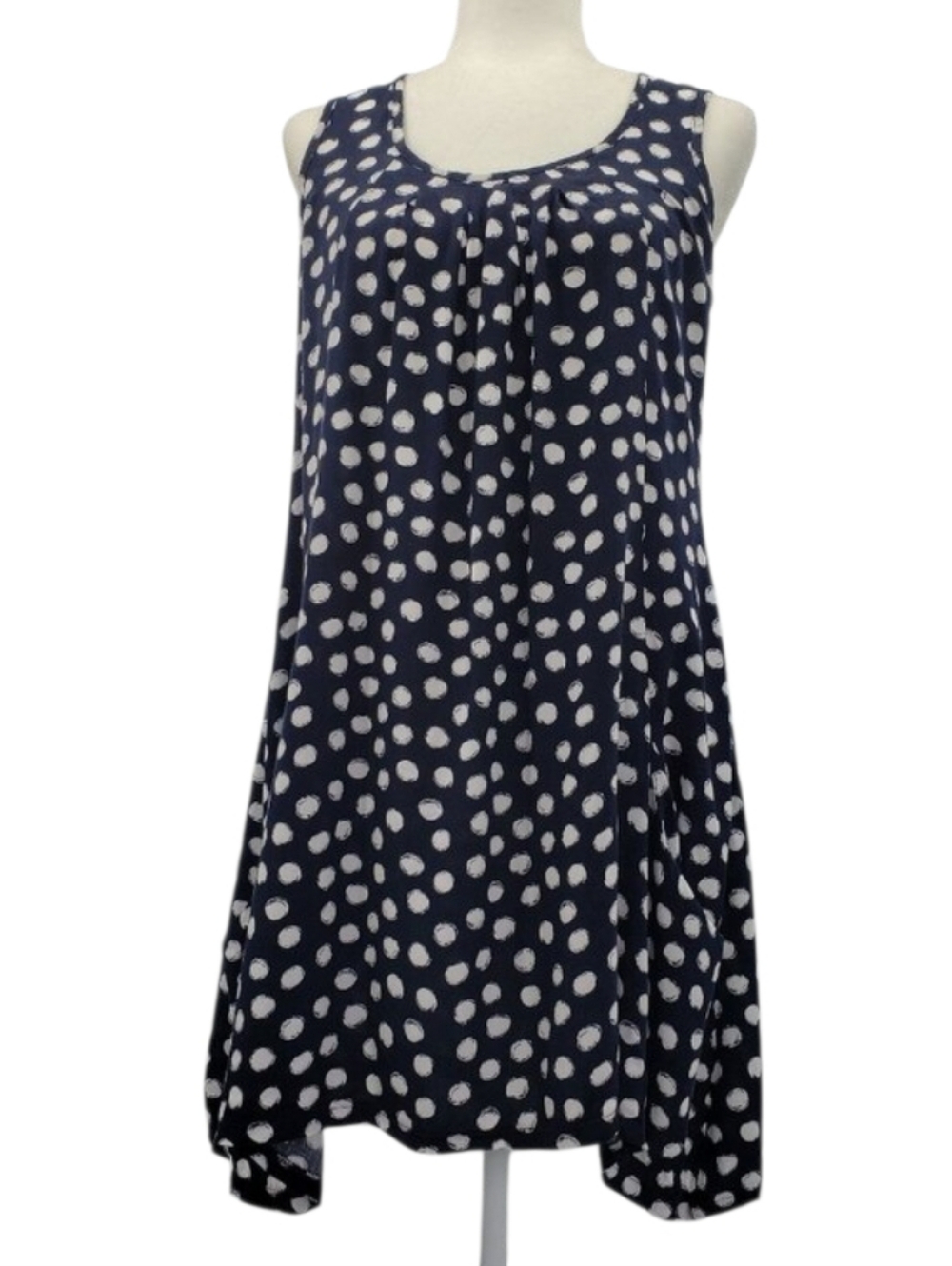 Papillon Sleeveless Shift Mini Dress Sz M Navy White Spots Asymmetrical Pockets